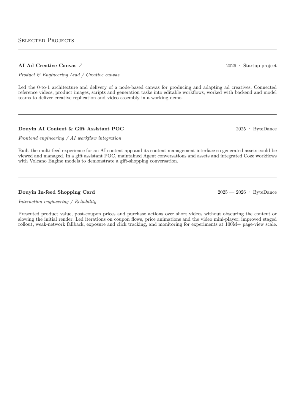 Résumé page two: selected projects